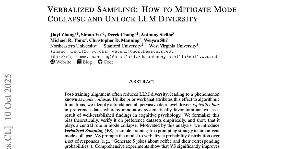 Opening of the Stanford Verbalized Sampling research paper